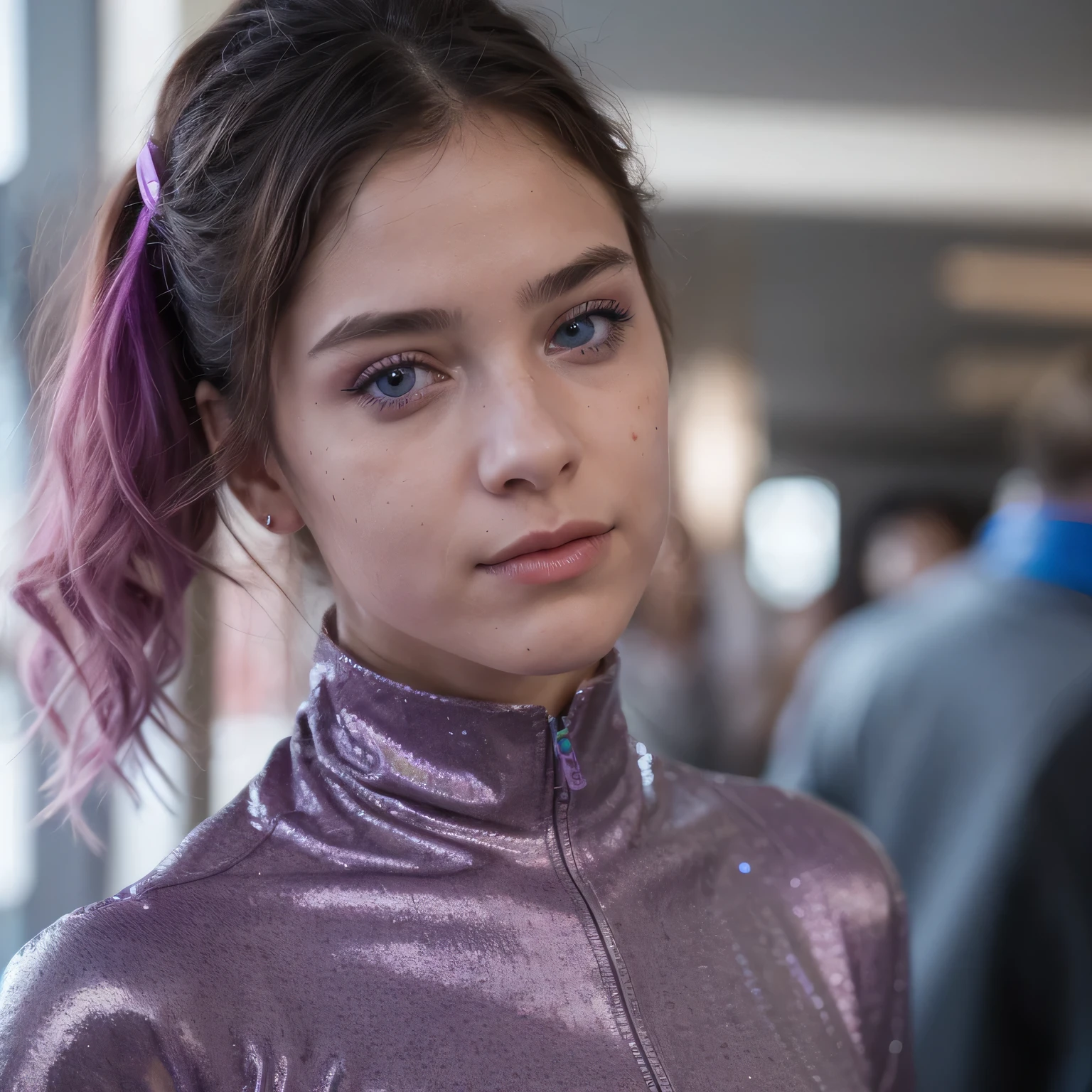 Photo of a college student, Purple Pink, futuristic spacesuit, (freckle:0.8) Cute face, Science Fiction, Dystopia, Delicate eyes, Heterochromia of the Eyes((Cobalt blue background))