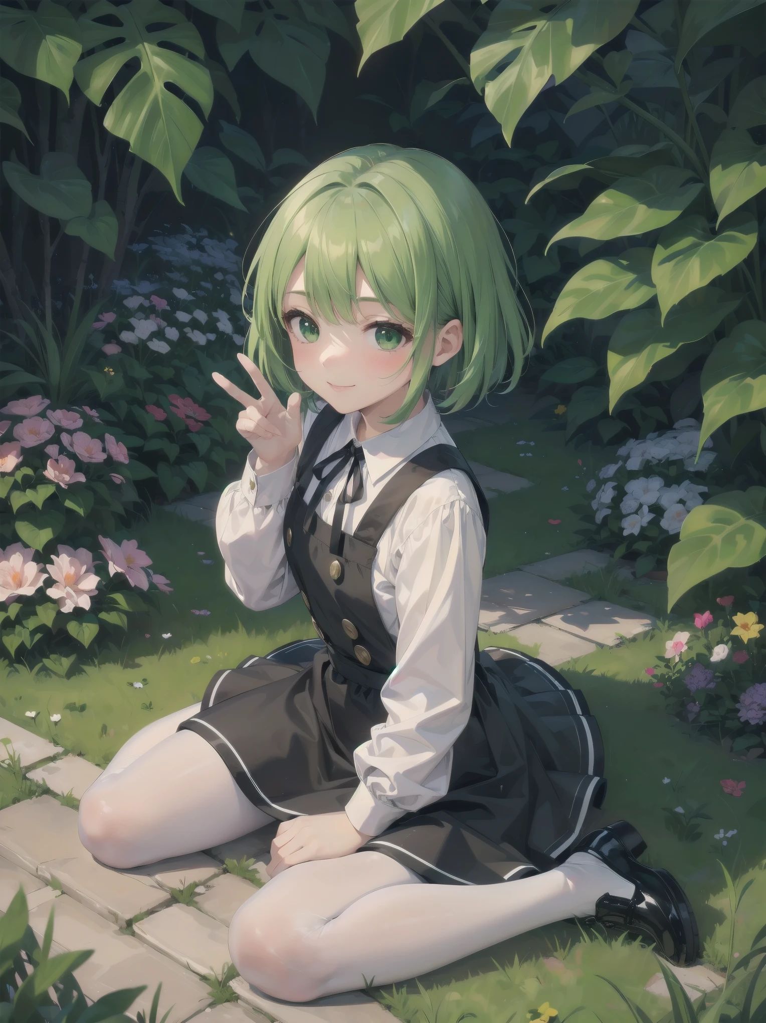 (Illustration: 1.0), Masterpiece, Top Quality,
1 girl, green hair, green eyes, short hair, bangs,
dress, black shoes, long sleeves, shirt, white shirt, pinafore dress, ribbon, black ribbon, black dress, pantyhose, neck ribbon, shoes,
Countryside, Garden, Twilight, Profile, (Wariza:1.6), (Illustration: 1.0), Masterpiece, Top Quality, Dutch Angle,
1 girl, smiling, blush (close-up of face: 1.4), from above, acting mocking gesture to viewer