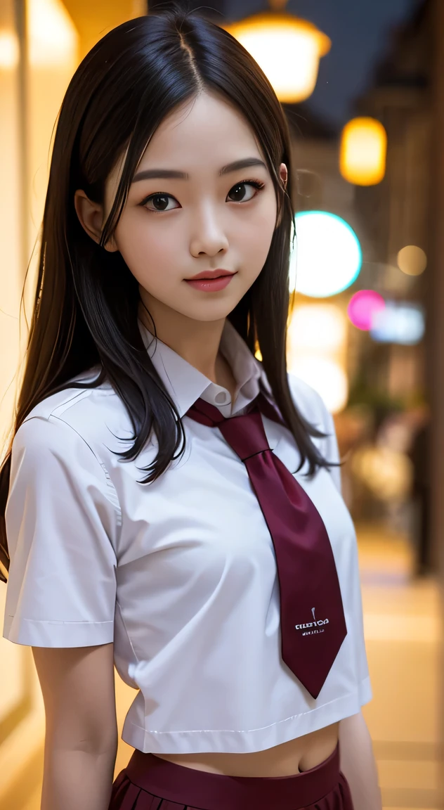 , masterpiece, best quality, 8k, 85mm portrait, absurdres, beautiful girl, (night, upper body:1.5), cute, street, (school uniform, white (the abdomen is visible:1.2) shirt, short sleeve, dark brownish grey pleated (mini skirt:1.2), dark grey tie:1.2), long hair, slender, neon, (Lianyungang, Akishima, Yeonggwang:0.4), no makeup, (dark red tie:1.2), perspective, depth of field, ultra realistic, highres, photography, sharp focus, HDR, facelight, dynamic lighting, highest detailed, extreme detailed, ultra detailed, finely detail, real skin, delicate facial features, shy smiling, ,