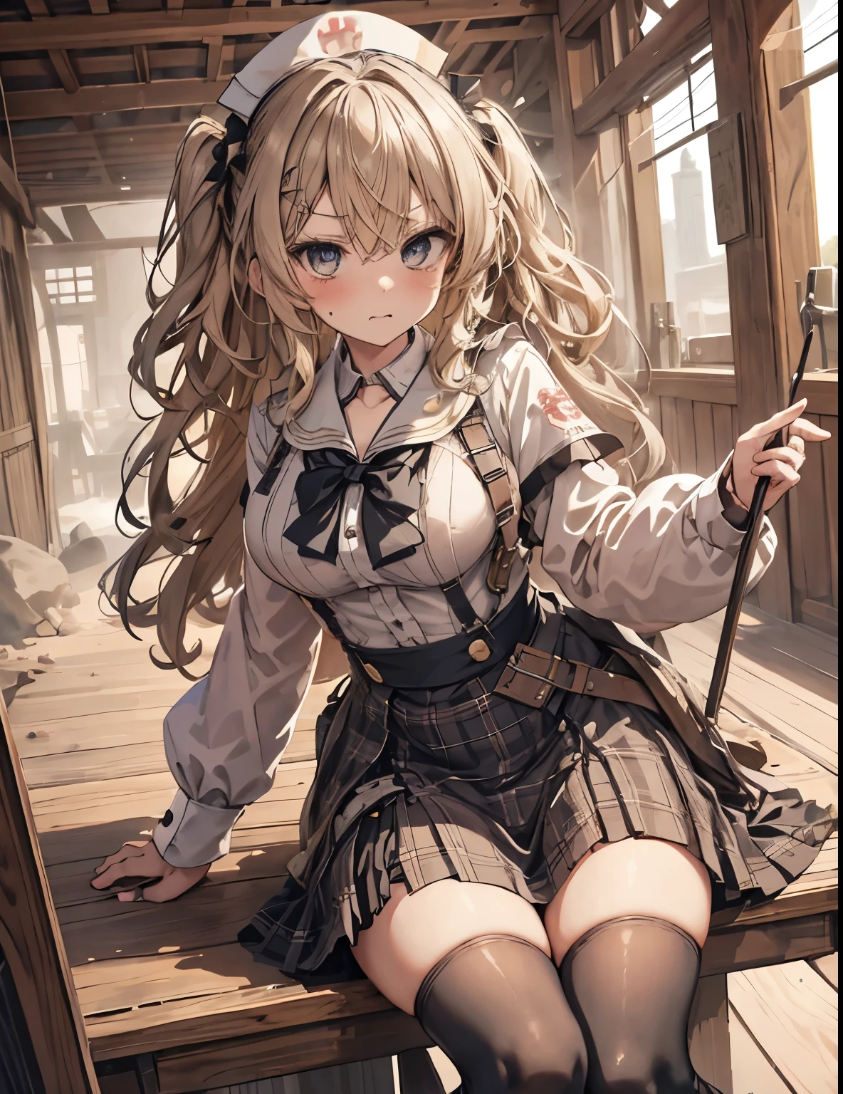 masterpiece, 1girl, sparrow, a blonde haired girl, wearing a sailor clothes, straight long hair, messy hair, slim body, he close her left eye, shirt ornament, ruby eyes, ahoge, baby face, bige breast, beautiful breasts, rounded breasts, long sleeves, beautiful eyes, white stocking, droopy eyes, skirt, black skirt, plaid skirt, her age is 19 years old, ricefield, bowtie, sailor collar, flared skirt, tight shirt, skirt, nagisa_bluearchive, angry face, medium hair, angry face, curly hair, nurse cap, sit 