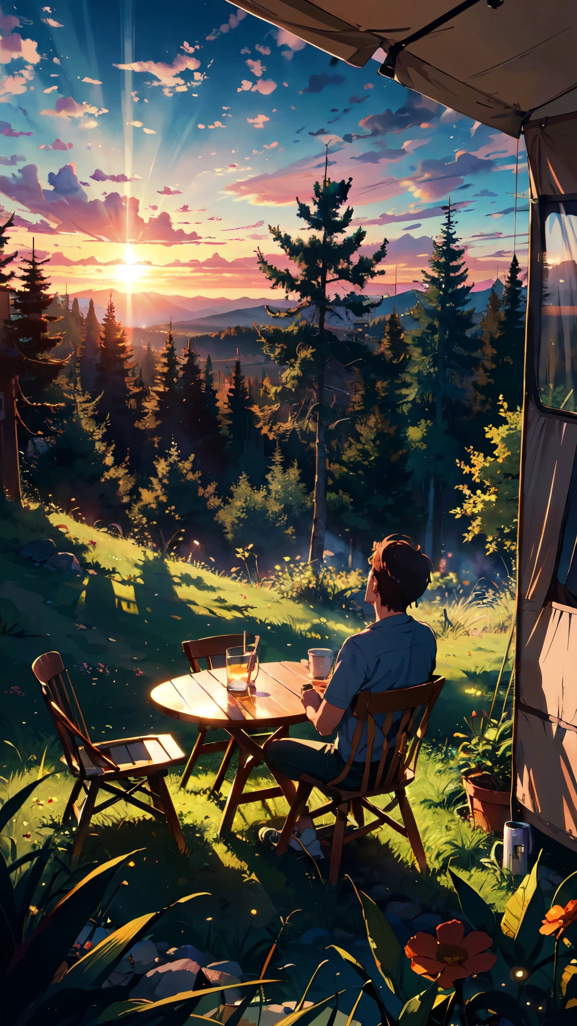 beautiful sunset, lover couples drinking coffee in chair facing the sun, BREAK (masterpiece, best quality:1.2), outdoors, nature, forest, pines, grass, tall grass, detailed grass, plants, day, clouds, caravan, dog, tent, coffee