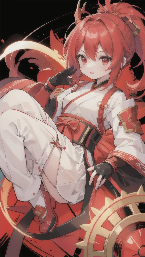 (best quality, vibrant colors:1.2),red bobblehead,vibrant red eyes,red and black Hanfu armor,red gauntlets,chicken
