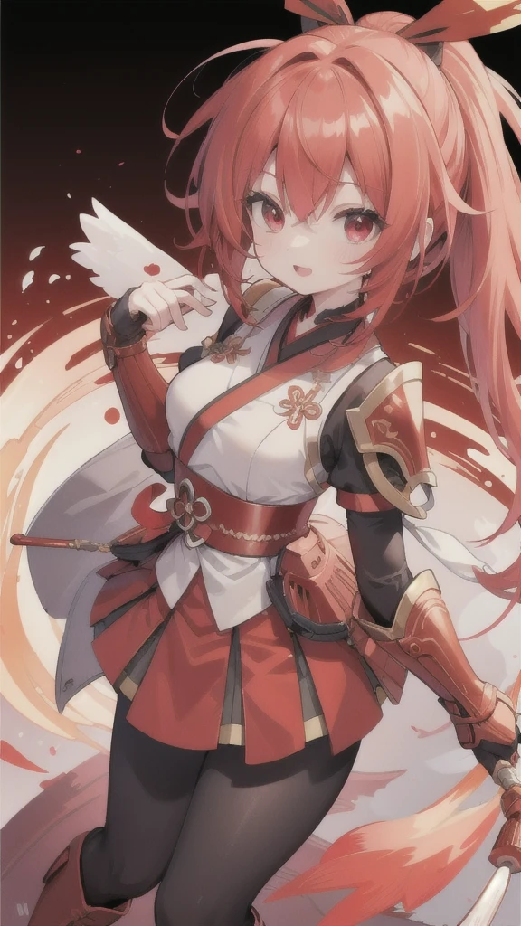 (best quality, vibrant colors:1.2),red bobblehead,vibrant red eyes,red and black Hanfu armor,red gauntlets,chicken