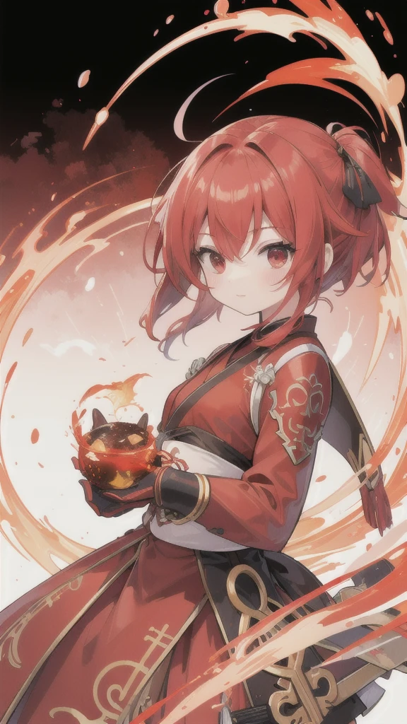 (best quality, vibrant colors:1.2),red bobblehead,vibrant red eyes,red and black Hanfu armor,red gauntlets,chicken
