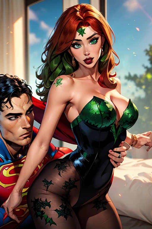 (((Poison Ivy))), (((Superman))), High quality, best quality, masterpiece, (1boy1 1girl), (hetero:1.5), mature woman, curves, long wavy redhead hair, green eyes. cleavage. (((woman wearing strapless black leotard)))