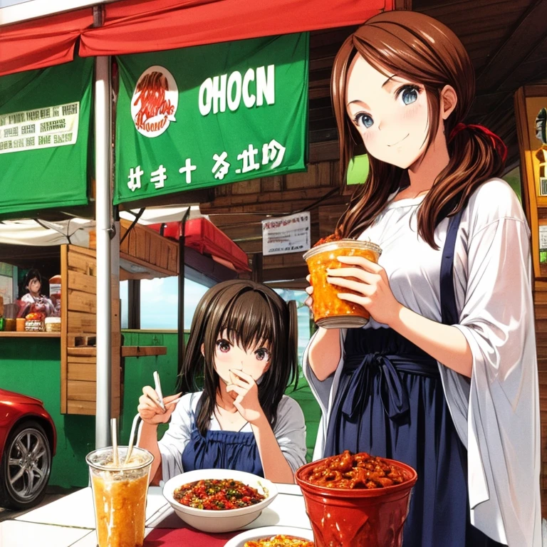 Woman wearing a poncho eating chili con carne at a Mexican food stall highest quality