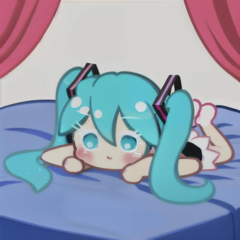 best quality, illustration, 1 hatsune miku, blue eyes, miku clothes, bedroom background, lying on the bed, cook, solo, chibi, full body, very cute sexy pose