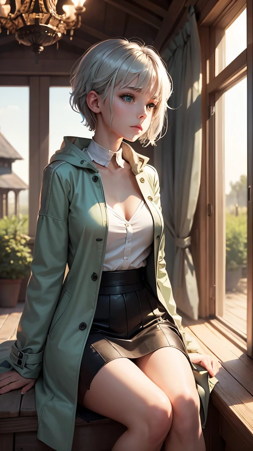 masterpiece, highest quality,Very detailed,Hyper Details, cinematic Light,, One girl, alone, sit, Outdoor, Summer House, sitting in the Summer House, plant, table, chandelier, Candles, Wind, Green Eyes, Pan Green Silver Hair, short hair, Floating Hair, Light, Light frown, profile,View your viewers, dynamic_angle,The see-through happi coat is unbuttoned