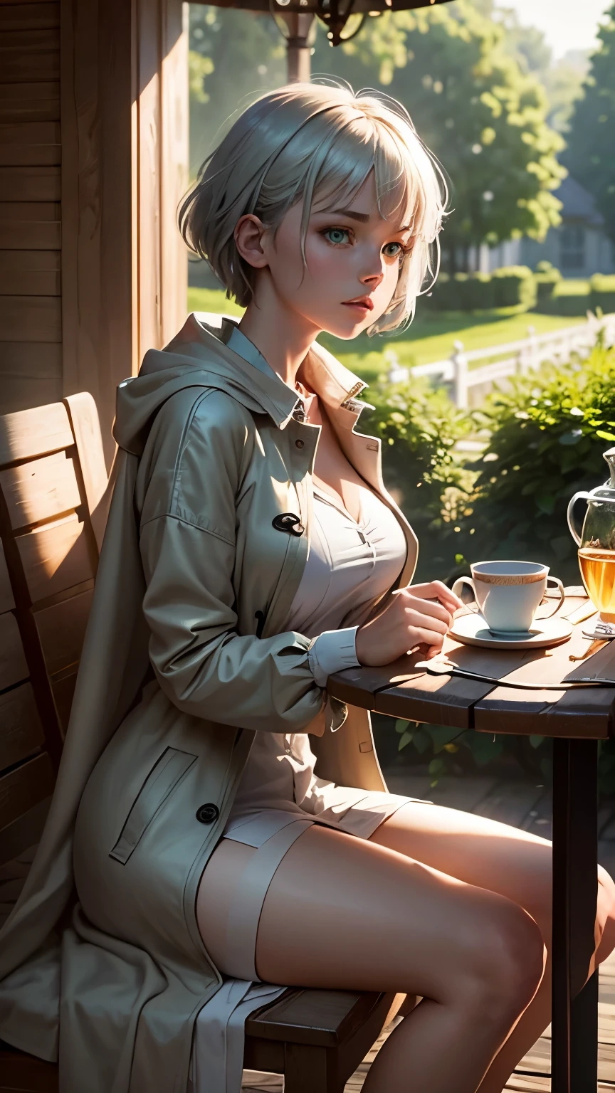 masterpiece, highest quality,Very detailed,Hyper Details, cinematic Light,, One girl, alone, sit, Outdoor, Summer House, sitting in the Summer House, plant, table, chandelier, Candles, Wind, Green Eyes, Pan Green Silver Hair, short hair, Floating Hair, Light, Light frown, profile,View your viewers, dynamic_angle,The see-through happi coat is unbuttoned