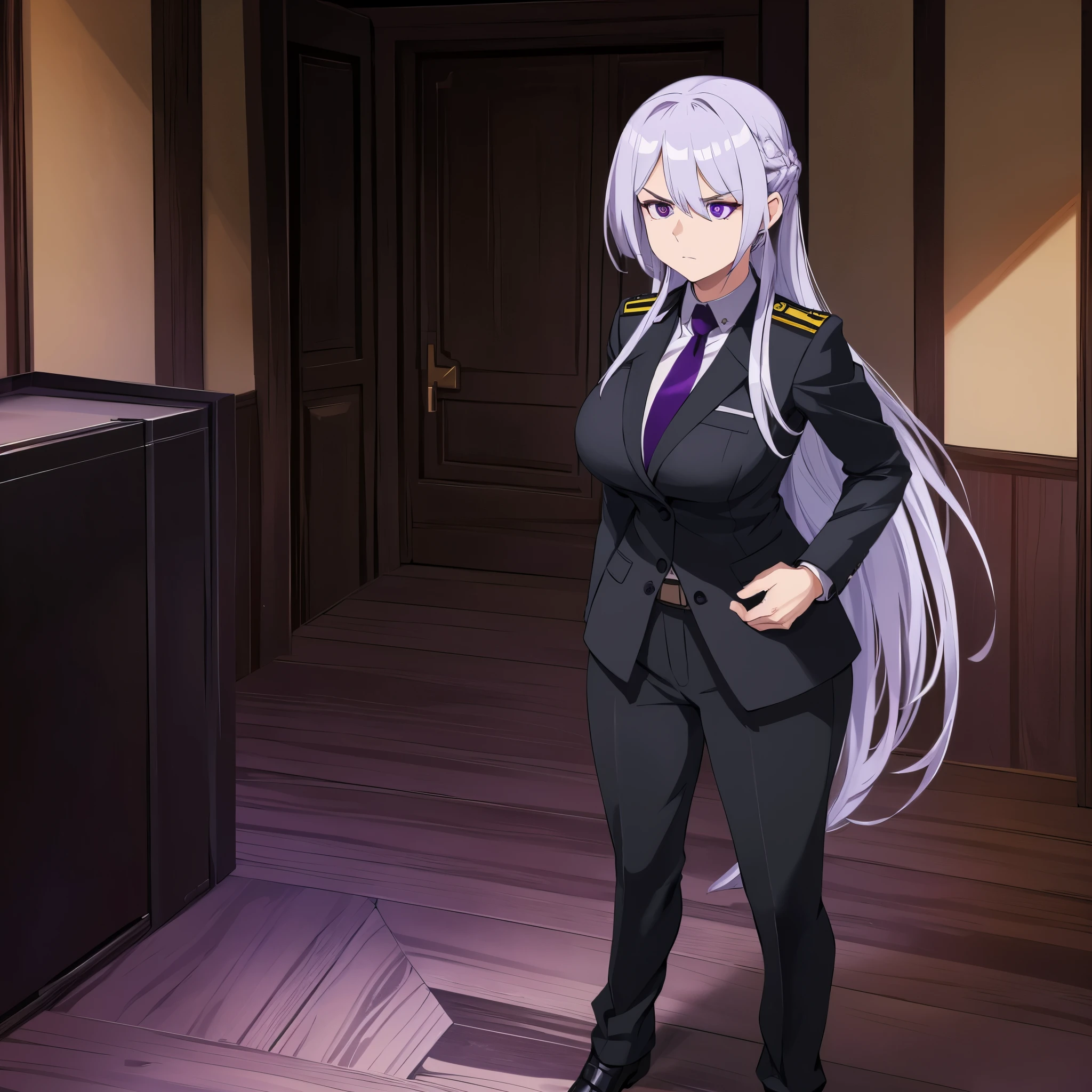 A woman with long silver hair, purple eyes, wearing a black suit, purple tie, black pants, big breasts, serious face, in a military officer's room,full body.HDR, ultra resolution, clear, masterpiece, 8K HD (woman solo)
