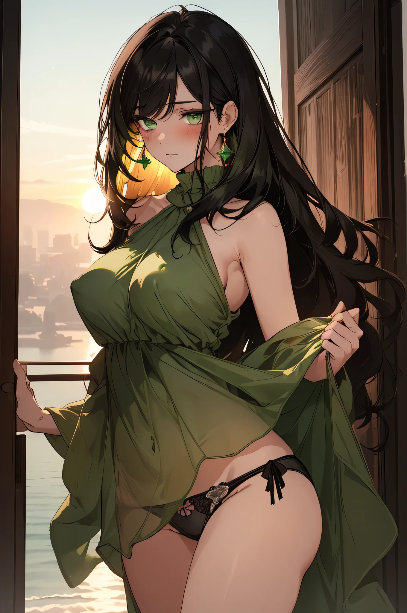 (top quality, masterpiece, high quality, ultra-delicate), ((beautiful girl)), ((Dark black hair)), mature, graceful curves, (long hair, long bangs), ((bright green eyes)), detailed eyes, bangs, ((barewith panties)), nipple large breast and chest, sunset in the background small blush, thick thighs, breast, green earrings.