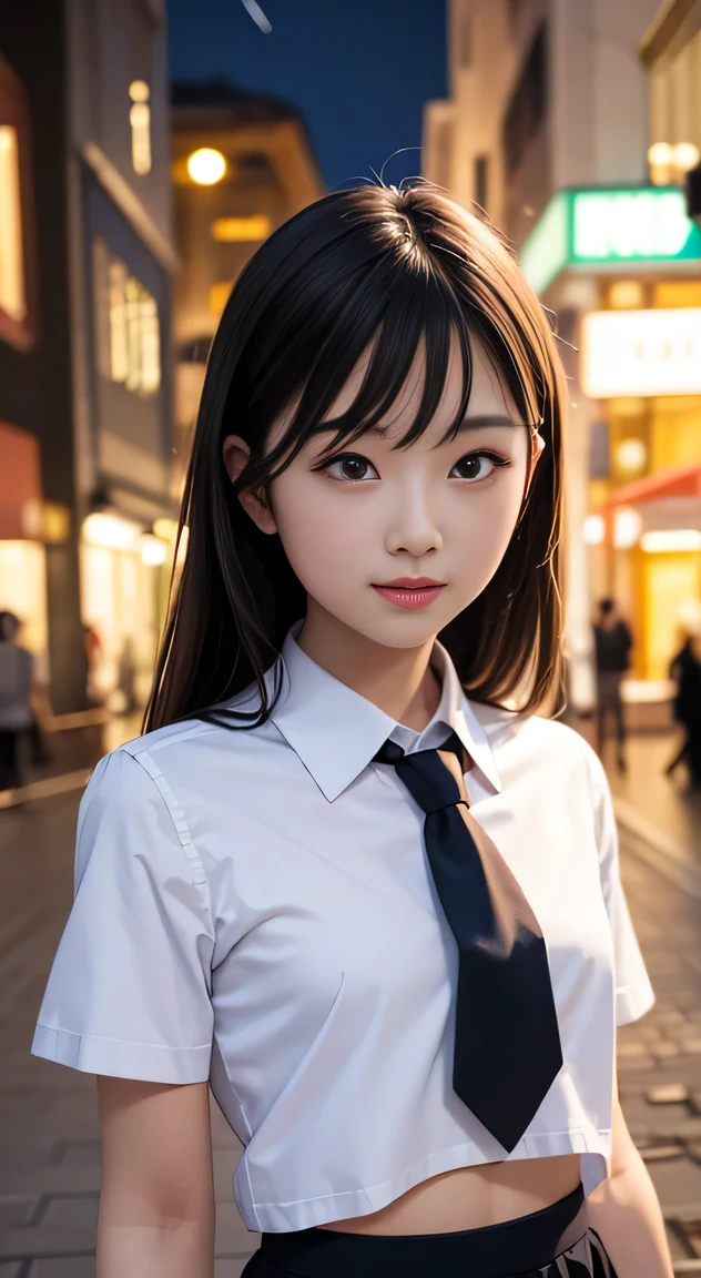 , masterpiece, best quality, 8k, 85mm portrait, absurdres, beautiful girl, (night, upper body:1.5), cute, street, (school uniform, white (the abdomen is visible:1.2) shirt, short sleeve, dark brownish grey pleated (mini skirt:1.2), dark grey tie:1.2), long hair, slender, neon, (Lianyungang, Akishima, Yeonggwang:0.4), no makeup, (dark red tie:1.2), perspective, depth of field, ultra realistic, highres, photography, sharp focus, HDR, facelight, dynamic lighting, highest detailed, extreme detailed, ultra detailed, finely detail, real skin, delicate facial features, shy smiling, ,