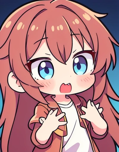 a chibi emoji of an shy anime girl with reddish brown long hair fishtail style, blue eyes,sharp jawline, shy , reaching her hand out for hugs