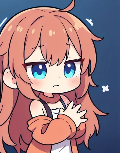 a chibi emoji of an shy anime girl with reddish brown long hair fishtail style, blue eyes,sharp jawline, shy , reaching her hand out for hugs