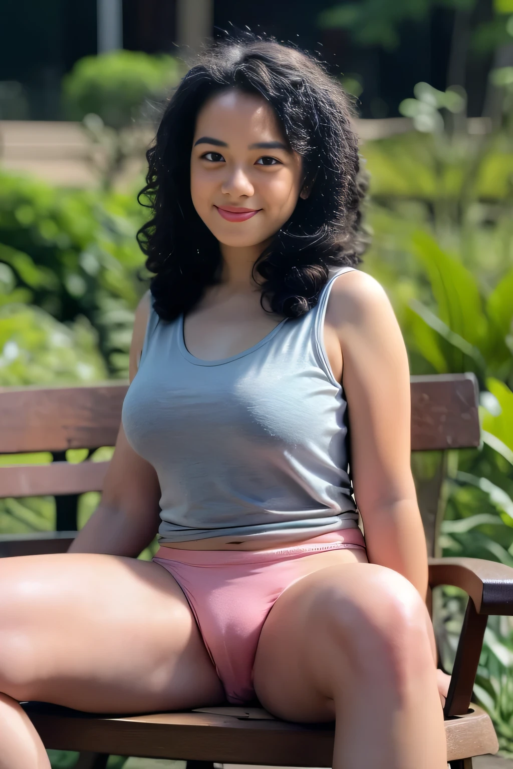 Malay girl wearing sexy pink color panties, wearing tank top light blue t-shirt, portrait photography, mid shot photo, ultra detail, professional photograph with professional lighting, smile, sitting on a chair (open legs), at the garden, outdoor background, curly hair, sexy seducing pose, curvy body, cameltoe focused angle