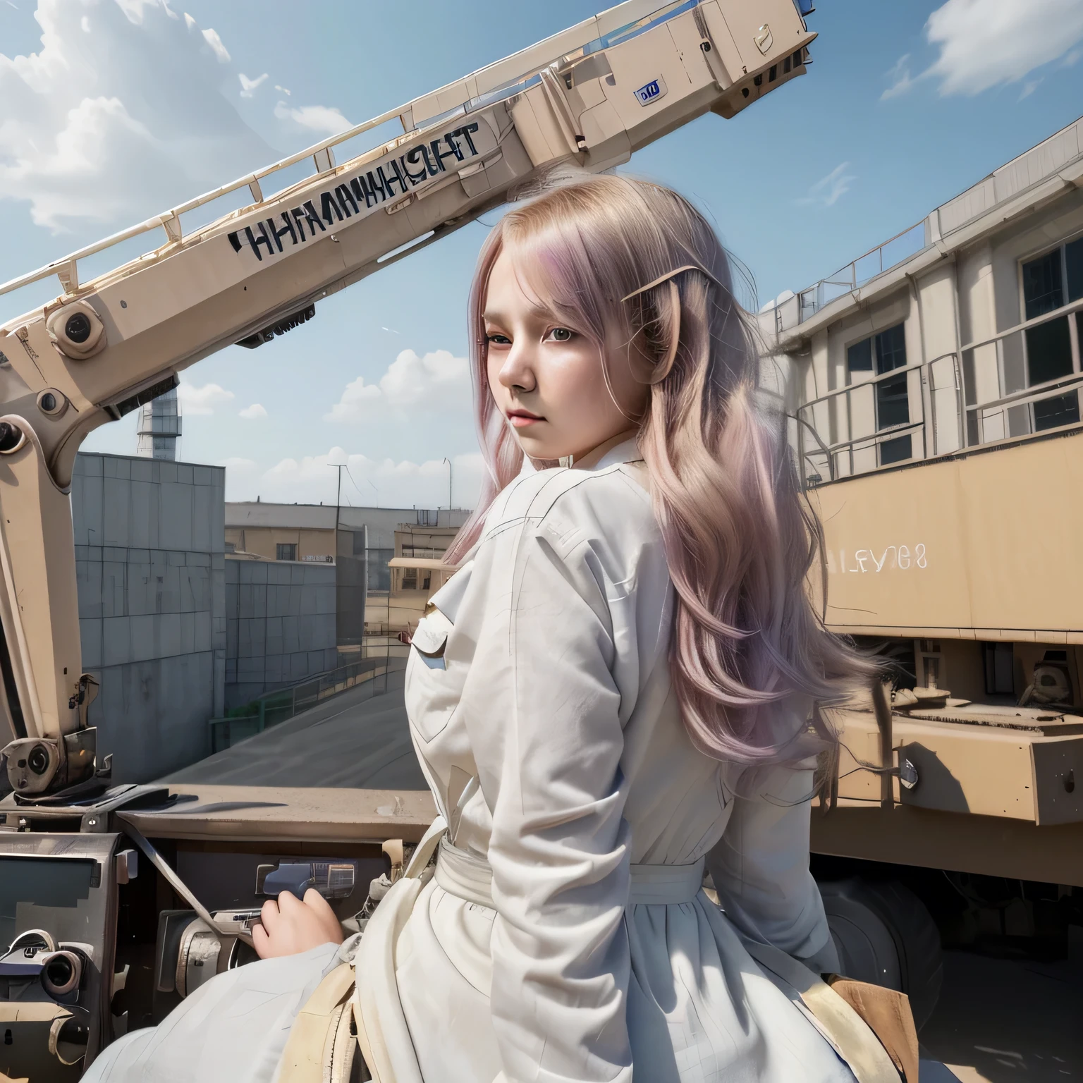 masterpiece, top quality, highly detailed, Unity 8k wallpaper, (riding a crane truck), firmament, girl 1 person, heavy machinery, gradient hair, hair between eyes, ahoge, age: 16, looking back, pretty face, white neeso,