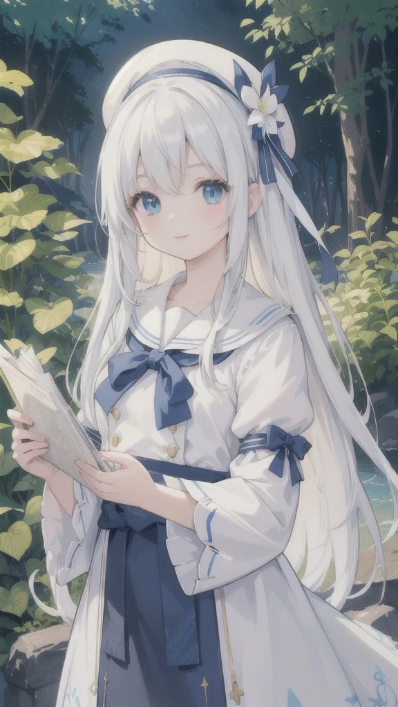 (best quality,4k,8k,highres,masterpiece:1.2),ultra-detailed,realistic:1.37,white-haired girl,white sailor uniform,blue beret,crystal-decorated grimoire,scenic garden background,vibrant colors,soft lighting