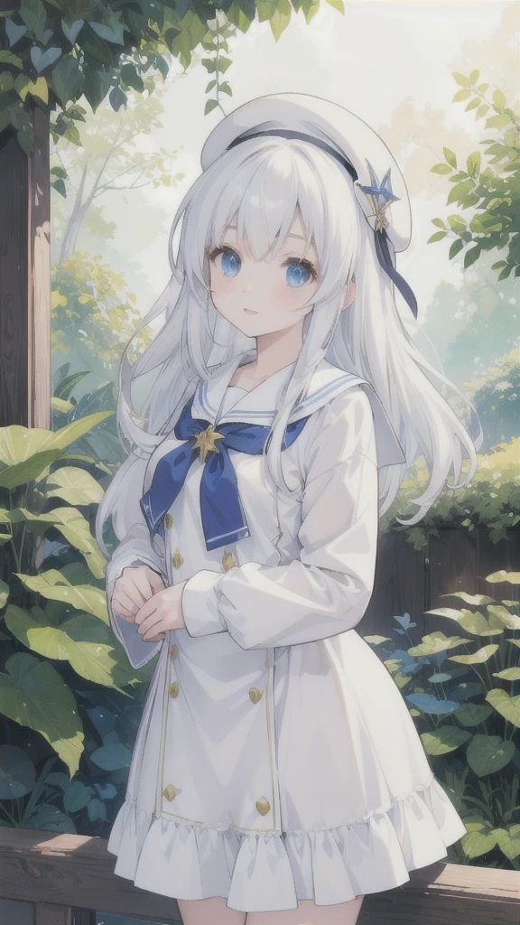 (best quality,4k,8k,highres,masterpiece:1.2),ultra-detailed,realistic:1.37,white-haired girl,white sailor uniform,blue beret,crystal-decorated grimoire,scenic garden background,vibrant colors,soft lighting