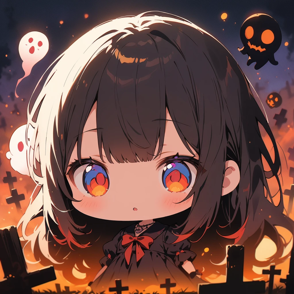 (masterpiece, highest quality:1.4), Cinematic Light, colorful, High Contrast, Western Cemetery, night, (Horror (theme):1.2), (Cute Chibi Monsters:1.2), (Cute little ghost:1.3)、dark、(highest quality、masterpiece、High resolution、detailed)、animeスタイル、Flat Style、 BREAK,extremely detailed、anime