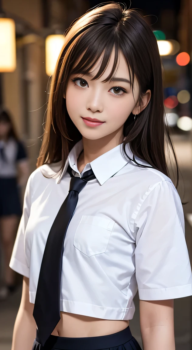 , masterpiece, best quality, 8k, 85mm portrait, absurdres, beautiful girl, (night, upper body:1.5), cute, street, (school uniform, white (the abdomen is visible:1.2) shirt, short sleeve, dark brownish grey pleated (mini skirt:1.2), dark grey tie:1.2), long hair, slender, neon, (Lianyungang, Akishima, Yeonggwang:0.4), no makeup, (dark red tie:1.2), perspective, depth of field, ultra realistic, highres, photography, sharp focus, HDR, facelight, dynamic lighting, highest detailed, extreme detailed, ultra detailed, finely detail, real skin, delicate facial features, shy smiling, ,
