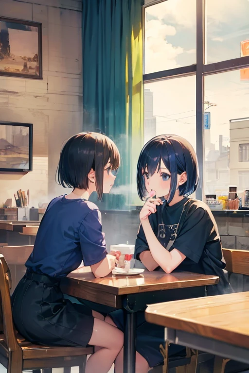 ( girls)+,two girls eating cake at a coffee shop,dark blue short hair girl and light brown short bob hair girl, wipe wet hair with a towel,Steam rises from the tea,