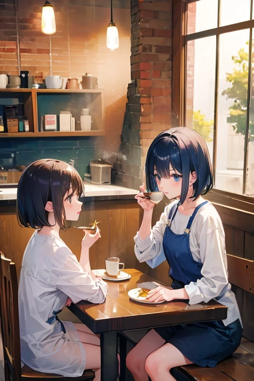 (15yo girls)+,two girls eating cake at a coffee shop,dark blue short hair girl and light brown short bob hair girl, wipe wet hair with a towel,Steam rises from the tea,