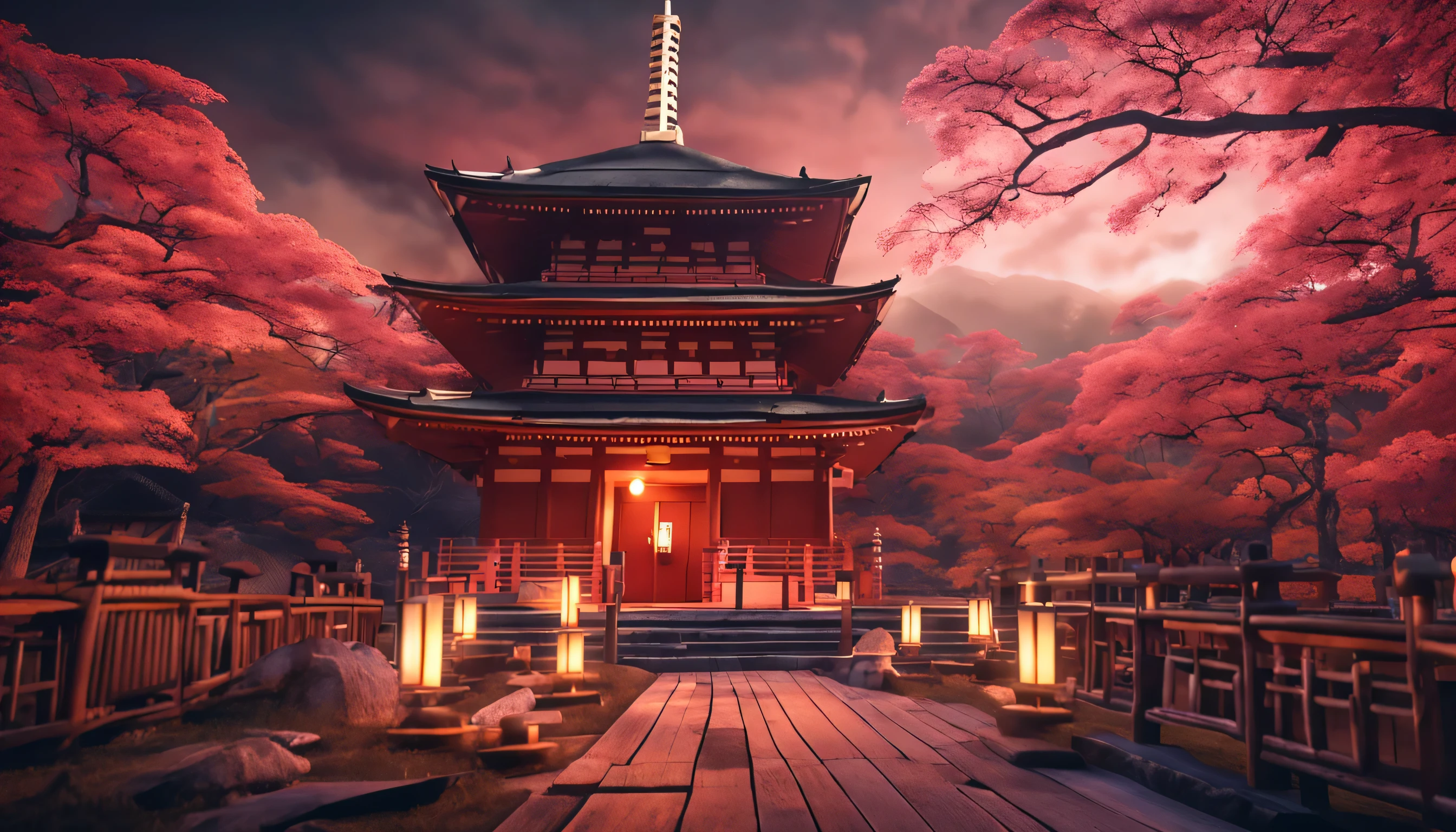 Gorgeous scenery Japanese meditation temple at night lit by candles and blurred background (obra-prima) (8k high resolution) (melhor qualidade) (Ultra Definition) (Ultra realista)(Foto RAW) (Foto realista) (bright illumination)