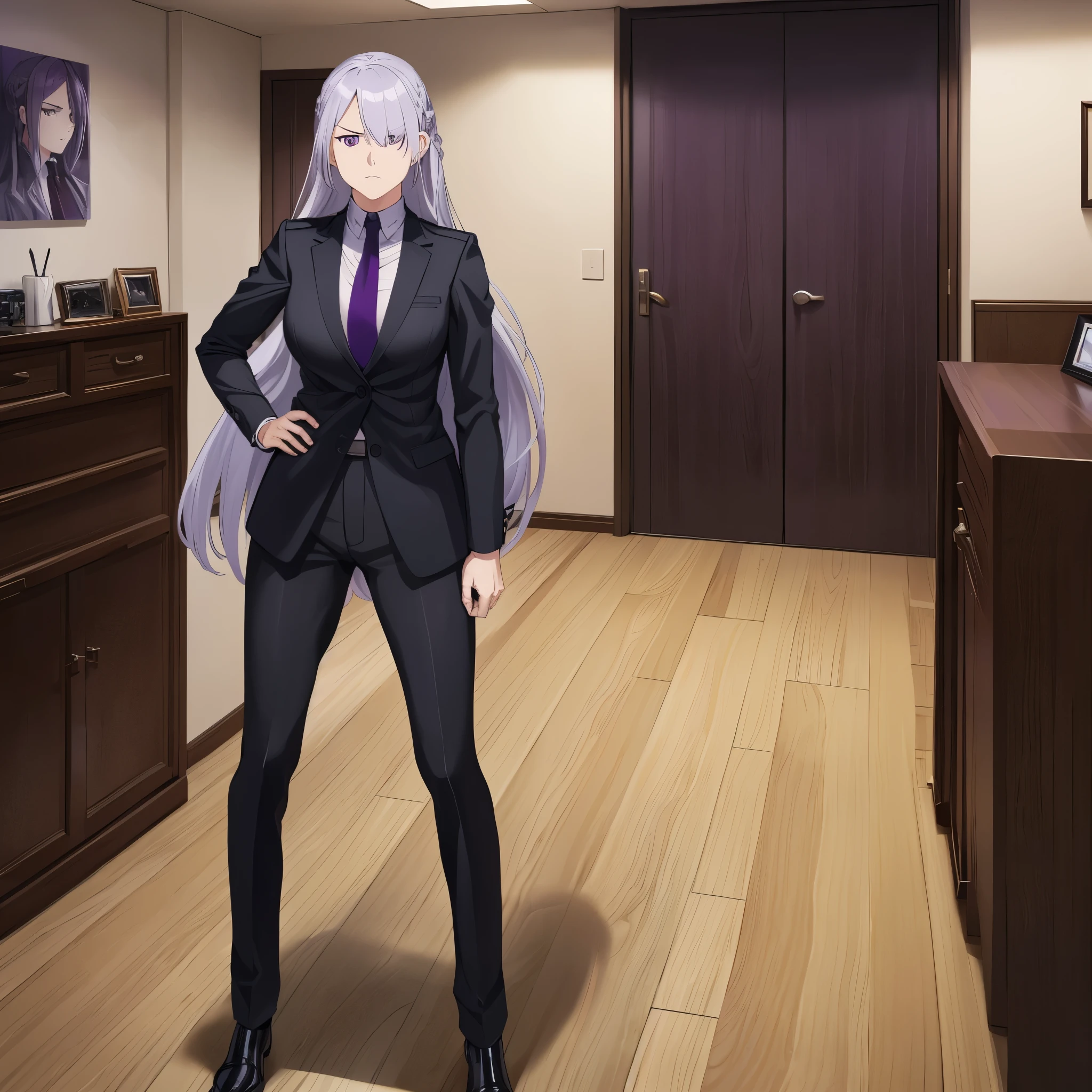 A woman with long silver hair, purple eyes, wearing a black suit, purple tie, black pants, big breasts, serious face, in a military officer's room,full body.HDR, ultra resolution, clear, masterpiece, 8K HD (woman solo)
