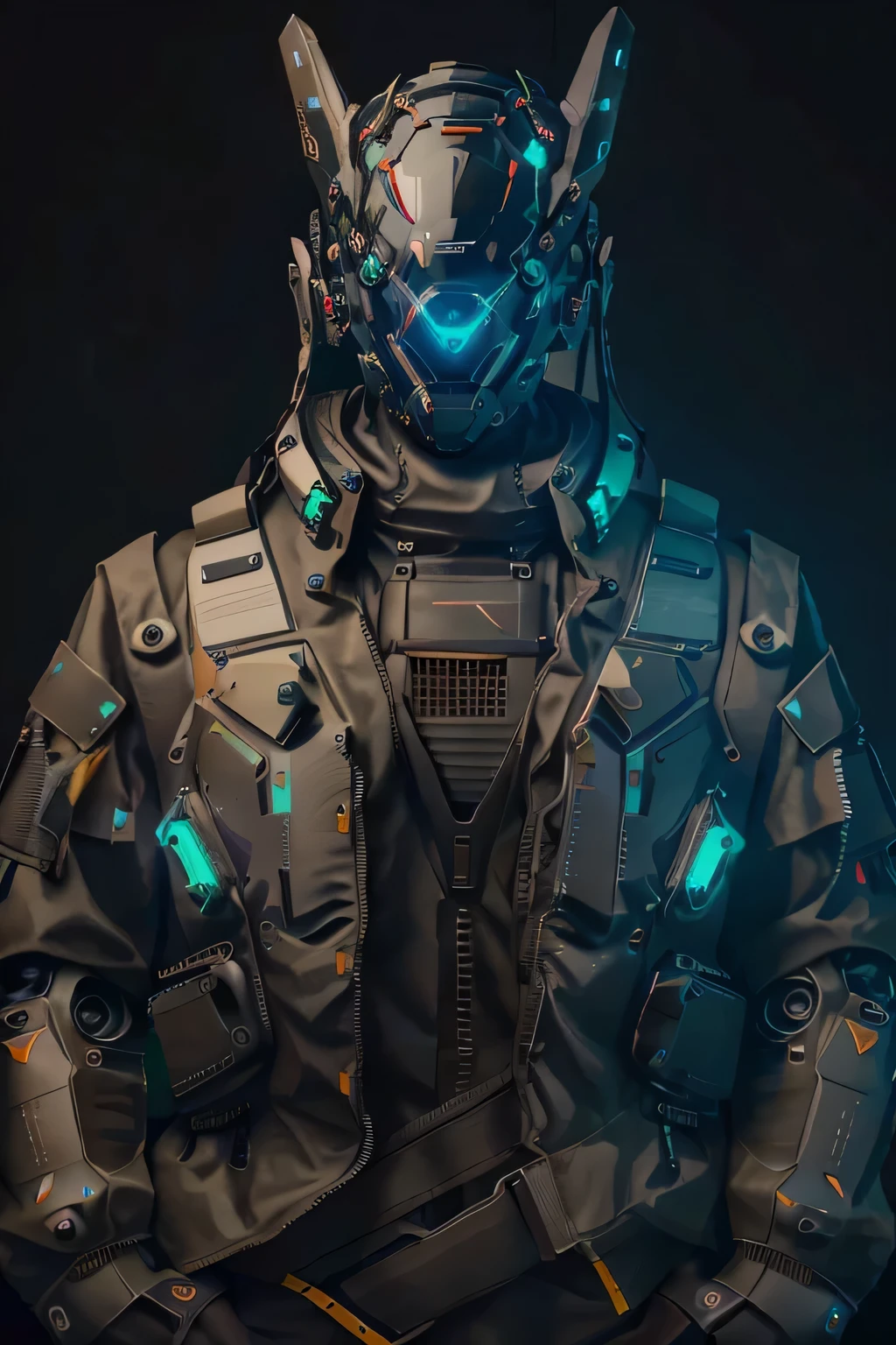 a close up of a mshn robot , futobot, cyborg , wearing cyberhelmet glowing , a military techwear jacket, tactical vest, mshn factory, tubes connected to neck, neon light
photorealistic, masterpiece, best quality, 35mm film, film grains, cyberpunk,