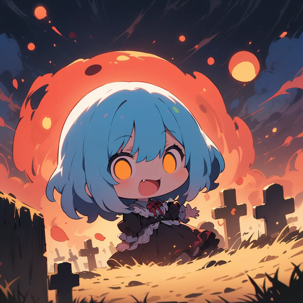 (masterpiece, highest quality:1.4), Cinematic Light, colorful, High Contrast, Western Cemetery, night, (Horror (theme):1.2), (Cute Chibi Monsters:1.2), (Cute little ghost:1.3)、dark、(highest quality、masterpiece、High resolution、detailed)、animeスタイル、Flat Style、 BREAK,extremely detailed、anime