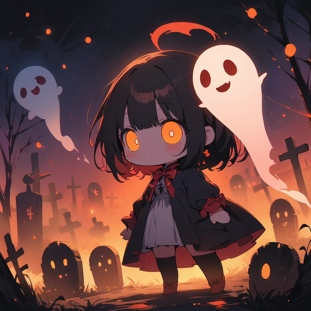 (masterpiece, highest quality:1.4), Cinematic Light, colorful, High Contrast, Western Cemetery, night, (Horror (theme):1.2), (Cute Chibi Monsters:1.2), (Cute little ghost:1.3)、dark、(highest quality、masterpiece、High resolution、detailed)、animeスタイル、Flat Style、 BREAK,extremely detailed、anime