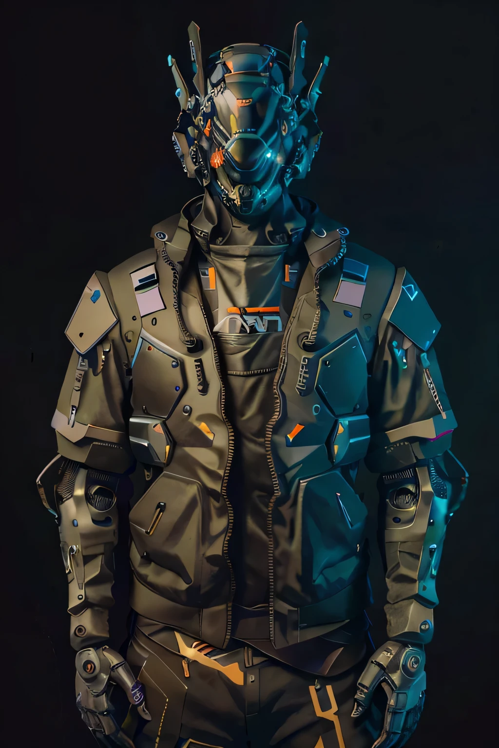 a close up of a mshn robot , futobot, cyborg , wearing cyberhelmet glowing , a military techwear jacket, tactical vest, mshn factory, tubes connected to neck, neon light
photorealistic, masterpiece, best quality, 35mm film, film grains, cyberpunk,