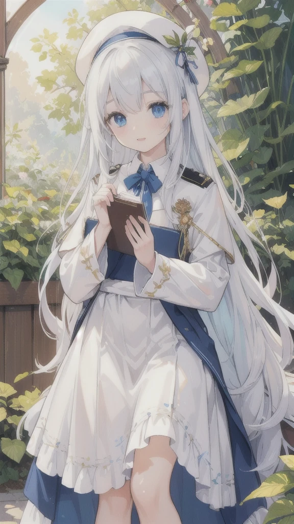 (best quality, highres, ultra-detailed, realistic:1.37), long flowy hair, blue eyes filled with intricate details, white uniform, holding a book, garden backdrop, soft natural lighting, oil painting technique, vibrant colors, blue beret