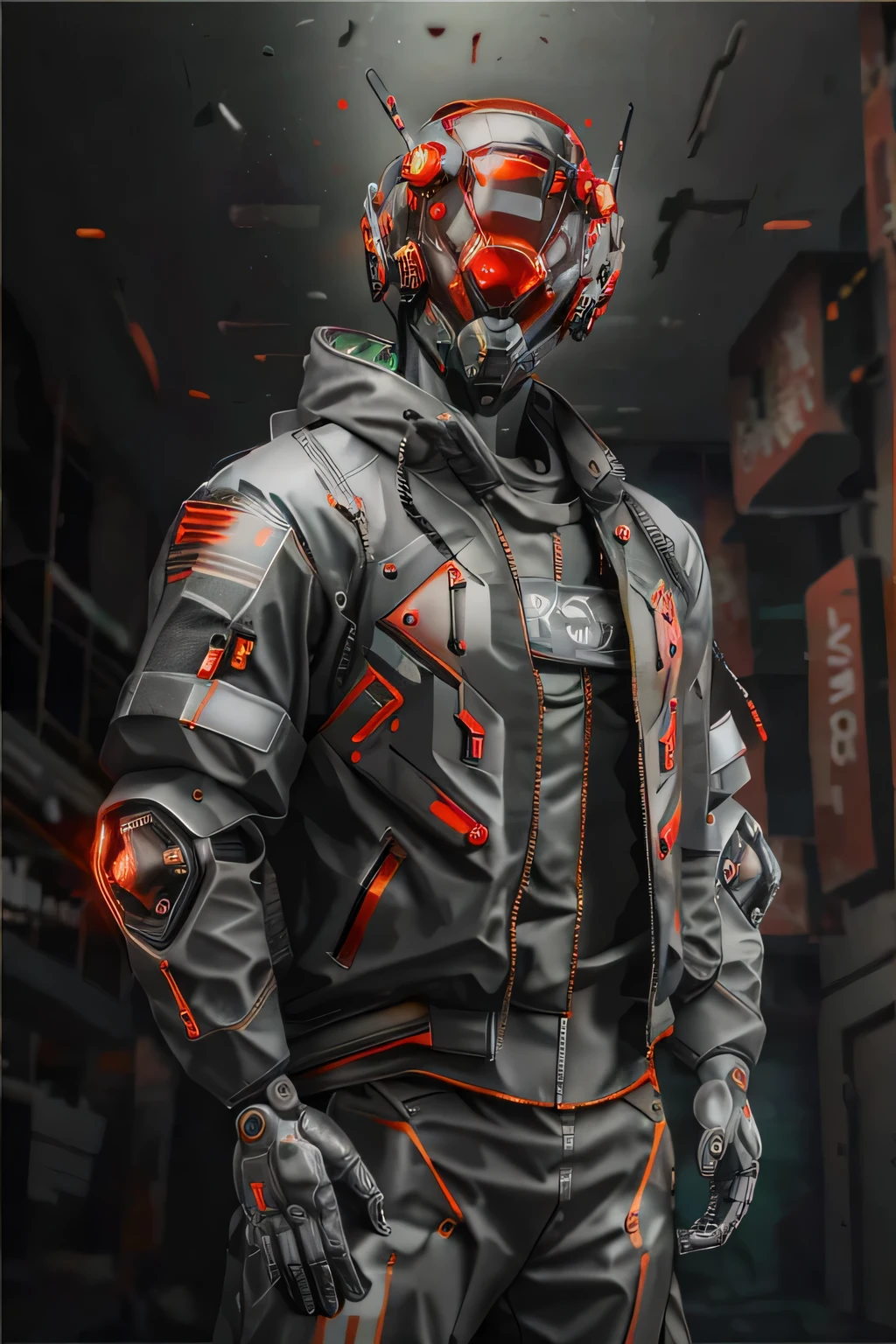 a close up of a mshn robot , cyborg , wearing cyberhelmet glowing , a red techwear jacket, tactical vest, mshn factory, neon light
photorealistic, masterpiece, best quality, 35mm film, film grains, cyberpunk,