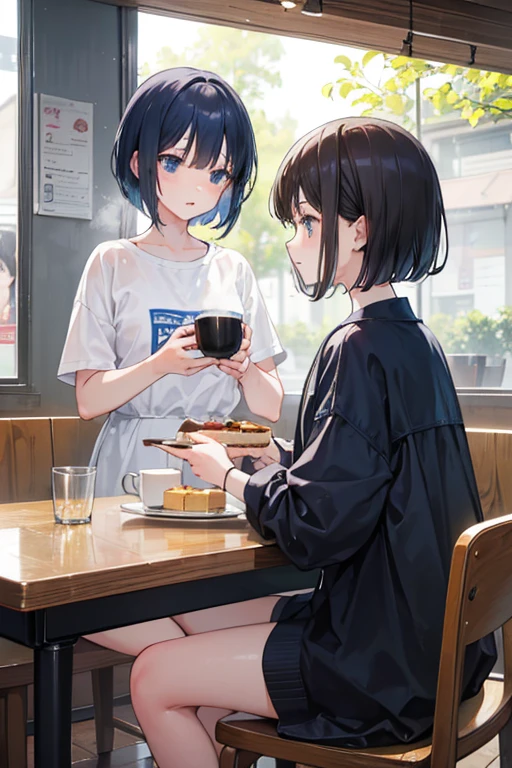 (15yo girls)+,two girls eating cake at a coffee shop,dark blue short hair girl and light brown short bob hair girl, wipe wet hair with a towel,Steam rises from the tea,Coffee shop on a rainy day