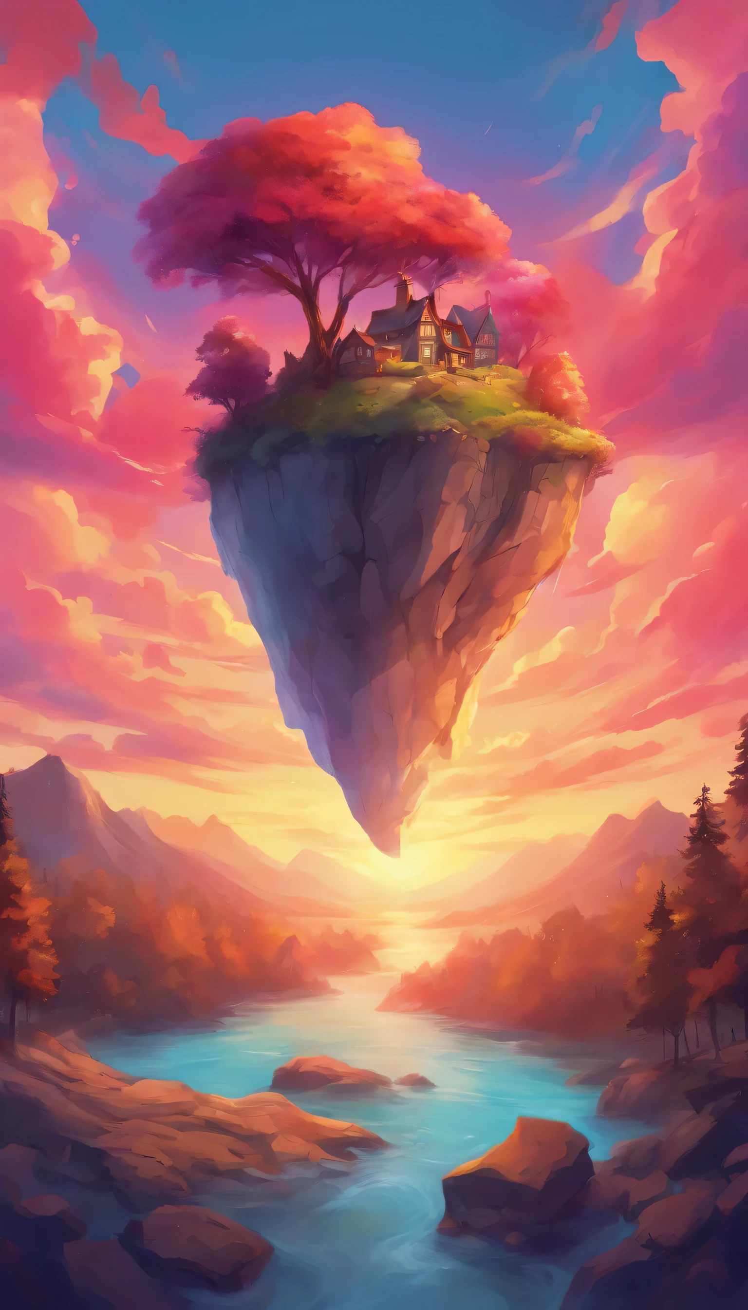 (a giant flying rock),(houses and forests),(brilliant, vibrant colors),(sunset sky),(clouds), ( no humans)