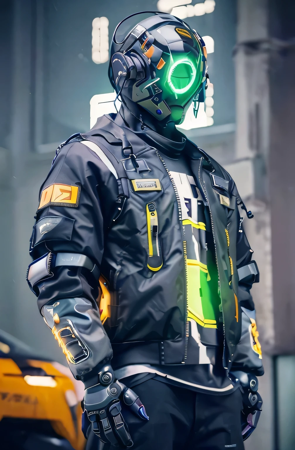 a close up of a mshn robot , futobot, cyborg , wearing cyberhelmet glowing , a military techwear jacket, tactical vest, mshn factory, tubes connected to neck, neon light photorealistic, masterpiece, best quality, 35mm film, film grains, cyberpunk,