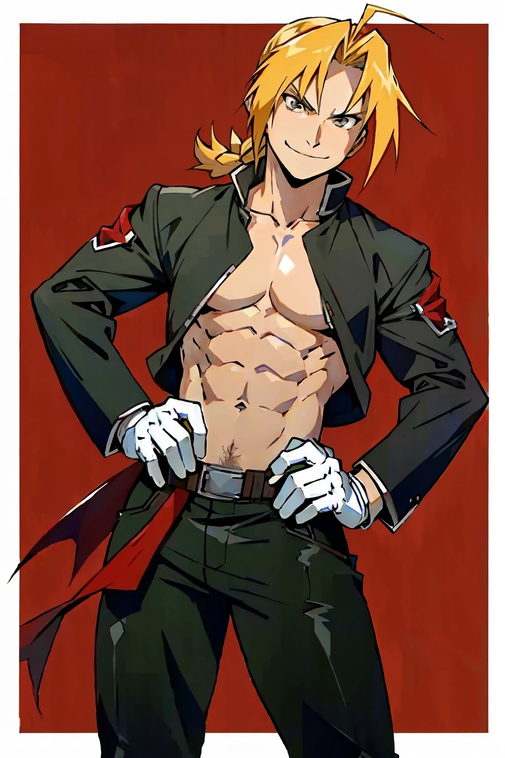 Edward Elric from Fullmetal Alchemist, automail right arm, smug smile, hands on hips, defined body, shirtless, abs, white gloves