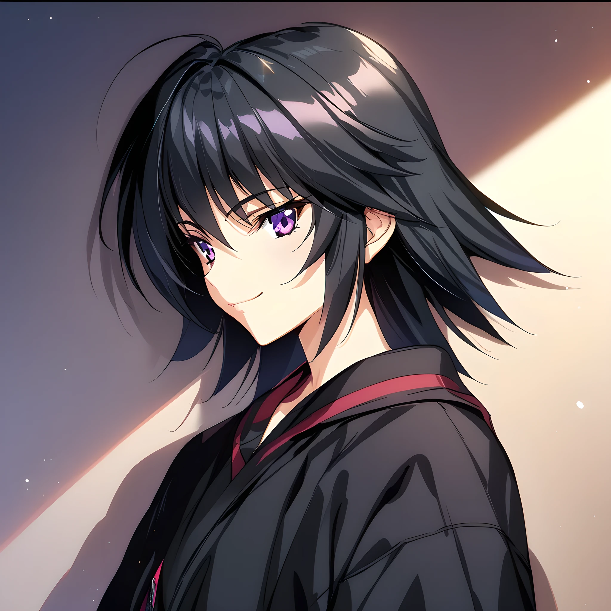 (masterpiece),(best quality),(ultra-detailed),(best illustration),(best shadow),(absurdres),(detailed background),(very aesthetic), 1girl, solo, akitsuki_karasu artstyle, dimensionstyle, ayamine kei, purple eyes, black hair, short hair, bangs, smile, portrait,