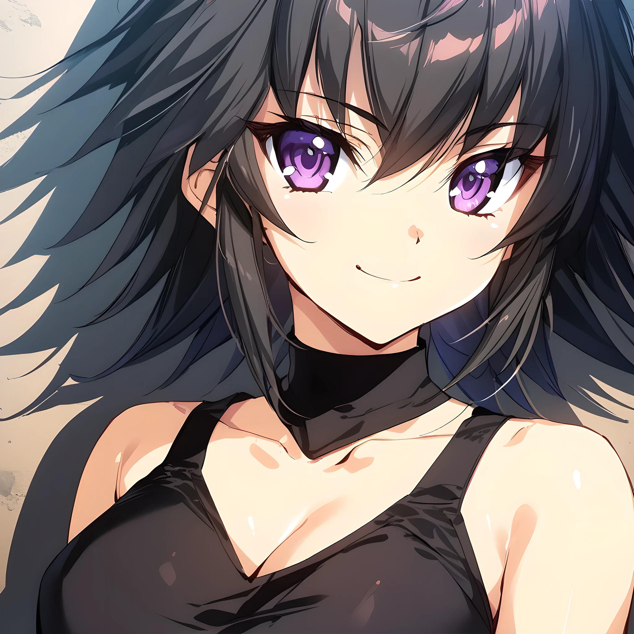 (masterpiece),(best quality),(ultra-detailed),(best illustration),(best shadow),(absurdres),(detailed background),(very aesthetic), 1girl, solo, akitsuki_karasu artstyle, dimensionstyle, ayamine kei, purple eyes, black hair, short hair, bangs, smile, portrait,