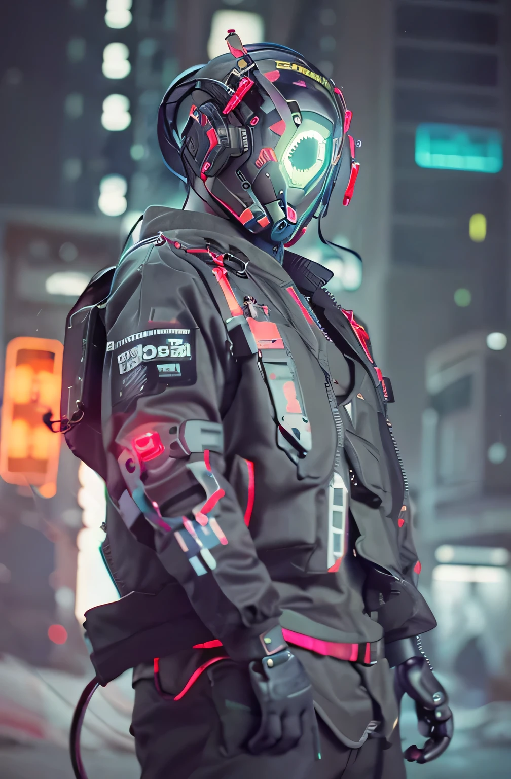 a close up of a mshn robot , futobot, cyborg , wearing cyberhelmet glowing , a military techwear jacket, tactical vest, mshn factory, tubes connected to neck, neon light photorealistic, masterpiece, best quality, 35mm film, film grains, cyberpunk,