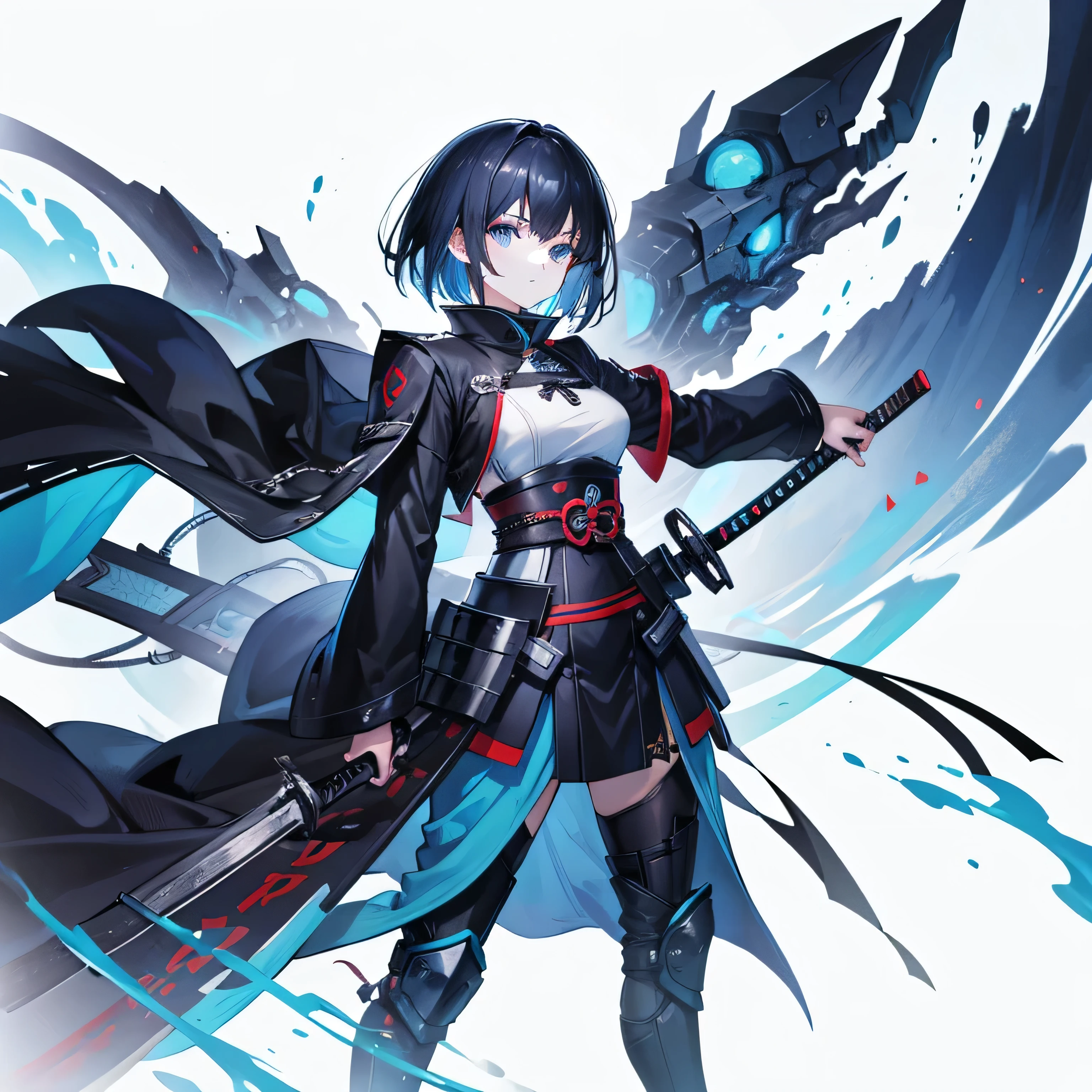 (Tabletop, highest quality), (Perfect athletic body:1.2),,blue eyes、Black Hair、The inside of the hair is blue、Bobcut、Very detailed, Anime Style, whole body, Dual wields long blue great swords, Wear tech boots, 8K High Resolution, Trend Art Station, White Background, Standing in the Wilderness, whole body,Dressed in a black jacket、The Woman of Arafed,A very beautiful samurai