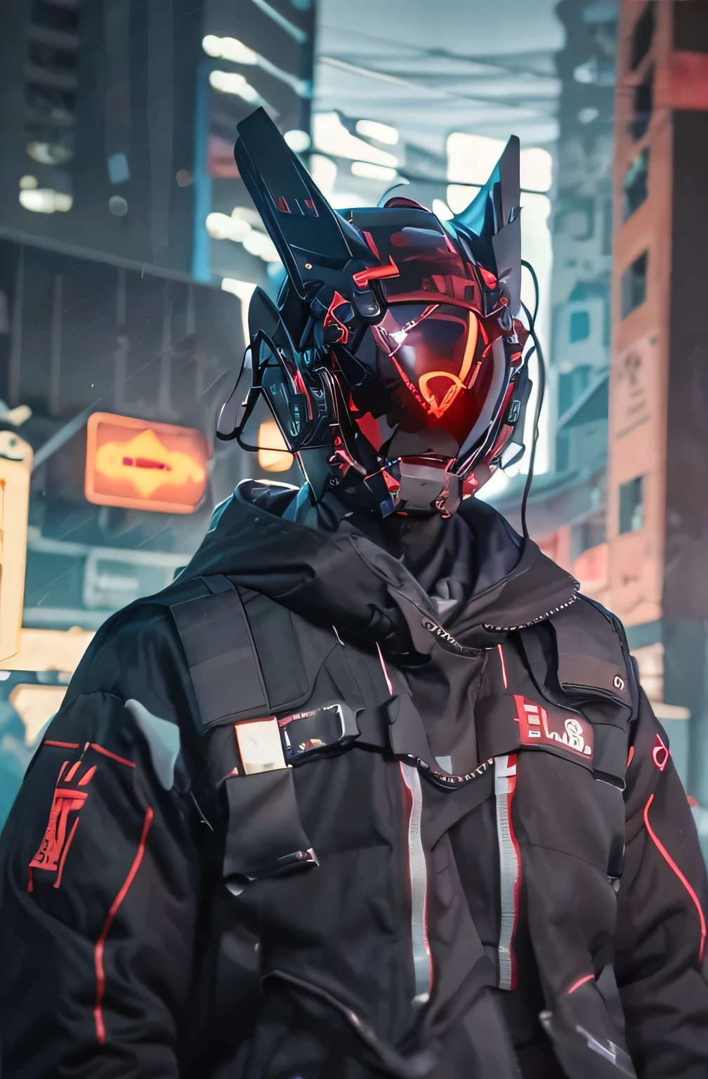 masterpiece, best quality, fantastic looking cyborg in a fantastic black cyberhelmet with ,red led decorate ,aggressive looking,badass, wearing black layer techwear jacket,fabric of the universe,glove, HDR, ray tracing, on the street cyberpunk city,Night city,hard raining, extramly detailed