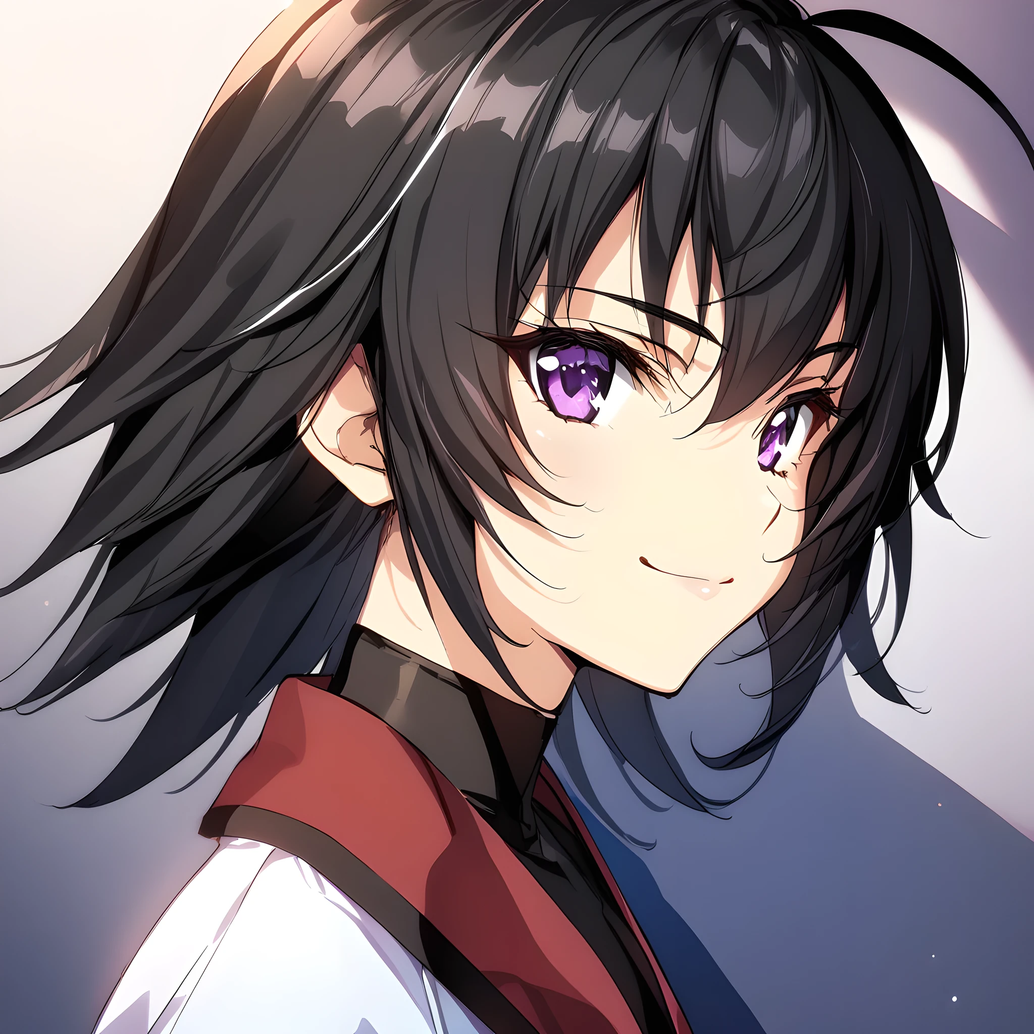 (masterpiece),(best quality),(ultra-detailed),(best illustration),(best shadow),(absurdres),(detailed background),(very aesthetic), 1girl, solo, akitsuki_karasu artstyle, dimensionstyle, ayamine kei, purple eyes, black hair, short hair, bangs, smile, portrait,