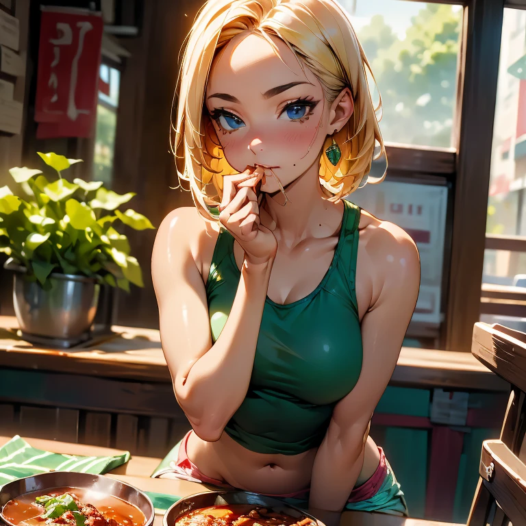 A woman in a tight tank top, tight hot pants and thong eating chili con carne at a Mexican food stall highest quality A bottle of cola is on the table