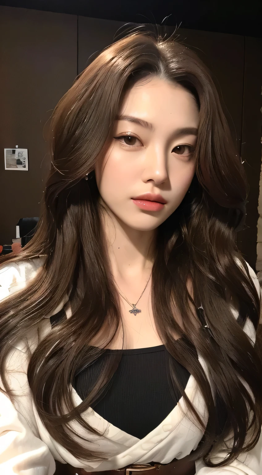 (best quality, high resolution, masterpiece: 1.3), tall and beautiful woman, slim abs, ((Loose wave styling on dark brown hair)) ((long brown hair)) chest, wearing a pendant, White button shirt, belt, Black Les Baigna, (The background is an indoor modern bed.), Beautifully rendered details on the face and skin texture, detailed eyes, double eyelid