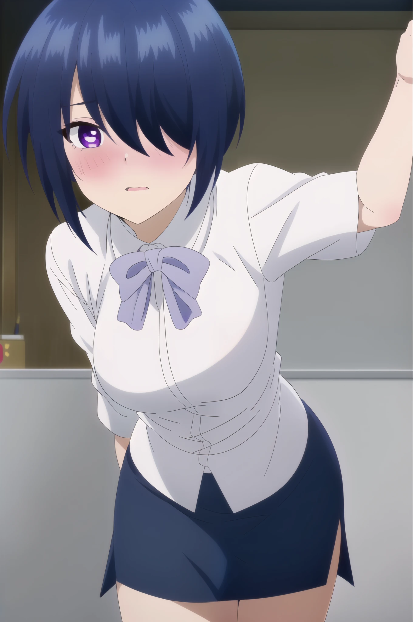 1girl, solo, blush, short hair, skirt, blue hair, bag, white shirt, purple eyes,, ((hair over one eyes)), blue skirt, pencil skirt, (masterpiece: 1.0), (best_quality: 1.0), ultra high resolution, 4K, ultra detailed, photography, 8K, HDR, highres, absurders:1.2, Kodak portra 400, film grain, blurred background, bokeh:1.2, l (vibrant_color:1.2) (Beautiful), (beautiful_face:1.5),(narrow_waist), anime style, sharp focus, professional artwork,trending on pixiv, detailed bold arm lines, high color saturation, bold lines, bold drawing lines), (white skin, (fair skin), wide hips,