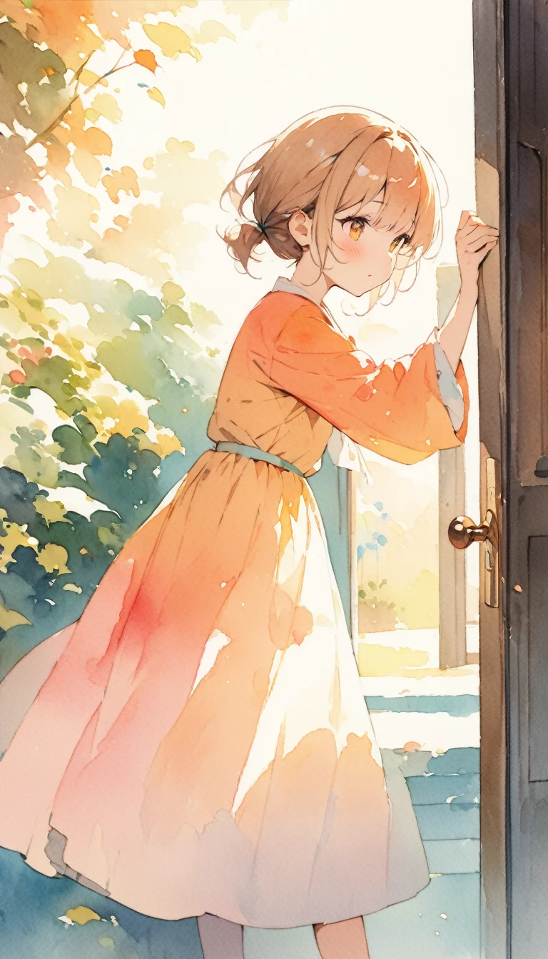 (masterpiece:1.3), (best quality:1.2), (illustration:1.2), (ultra detailed:1.2), (pixiv:1.4),
ultra high res, watercolor, A little brother and sister opened the door to greet the morning,