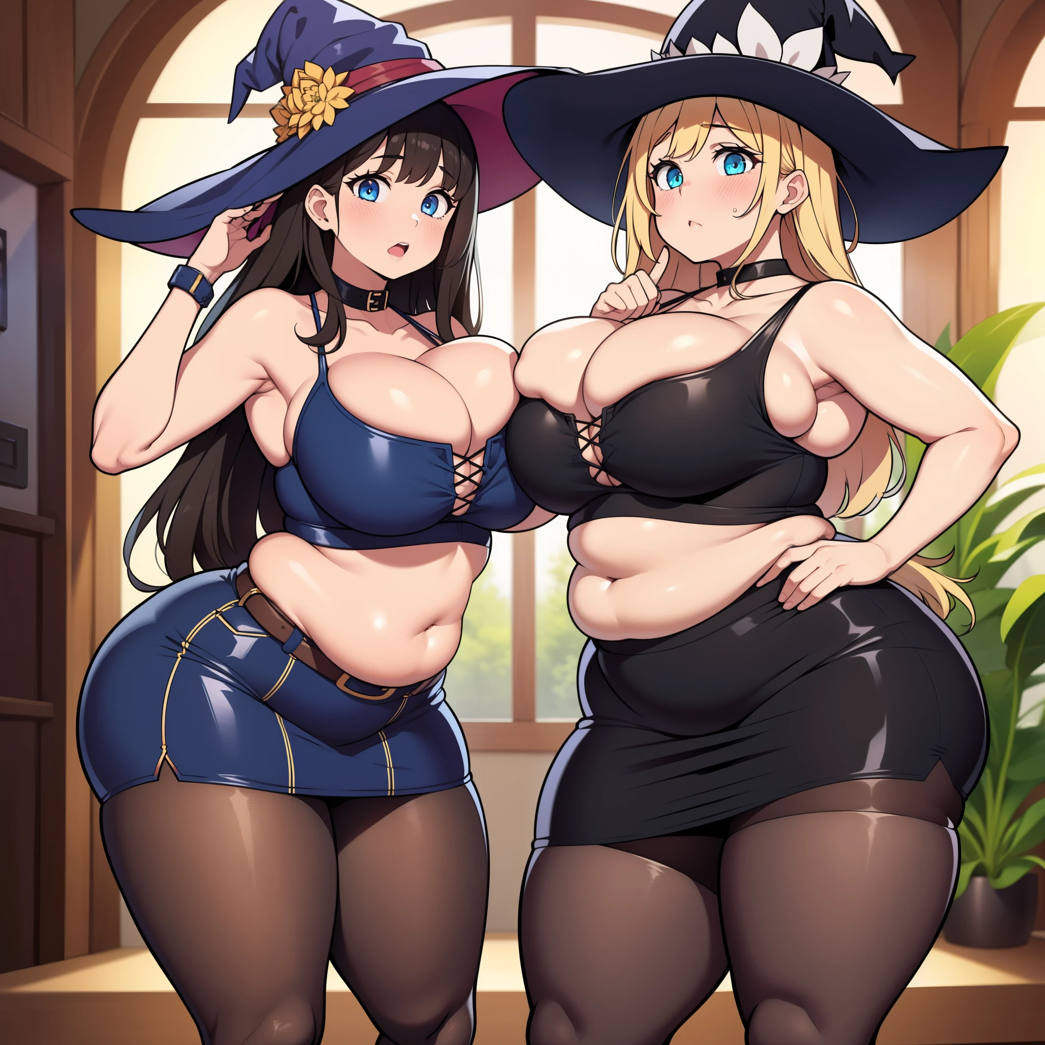 ((highres)), Masterpiece, high quality, best quality, beautiful, perfect lighting, detailed face, ultra cute face, ((blush)), embarrassed, (((2girls))), one girl has blonde hair, blue eyes, witch hat, black tanktop, skirt, skindentation, one girl has brown hair, green eyes, witch hat, black dress, tight clothes, full body, wood hut, medium breasts, ((wide hips)), (((thick thighs))), ((plump belly)), cleavage, chubby belly, fat folds, belly hang, standing, touching each other, breast bump,