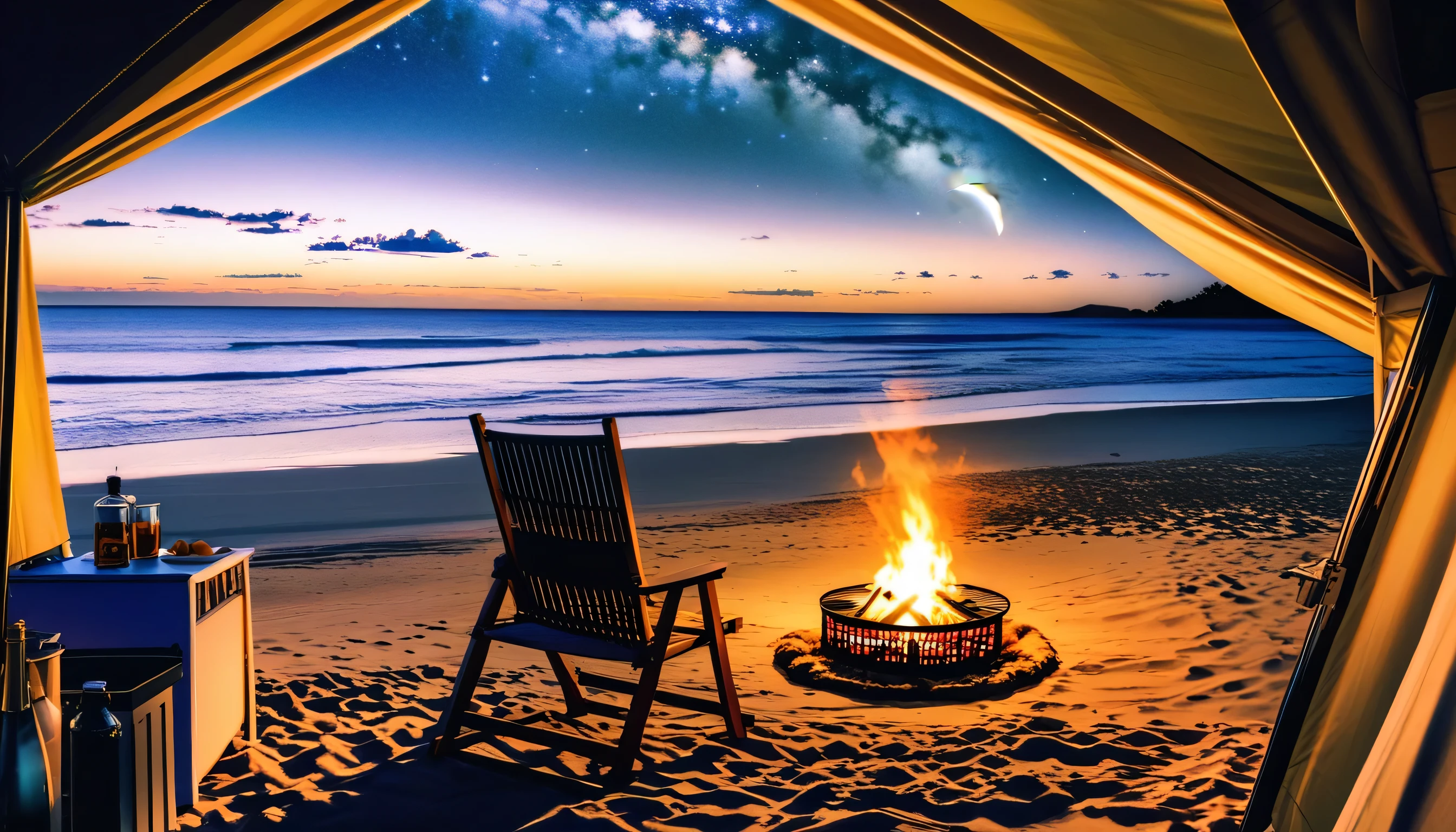 High fidelity Photograph、beach campsite、bonfire、beautiful sandy beach、The crescent moon is beautiful、tent、unburned bonfire、Grill、deck chair、starry、Quiet place、beautful view、lamplight、there was no one。